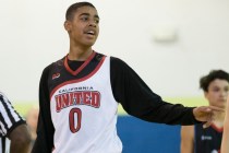 California United’s Julian Strawther (0) walk to the bench during a Bigfoot Hoops bask ...
