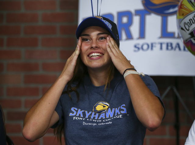 Arbor View softball player Taylor Beaman reacts as Las Vegas area high school softball playe ...