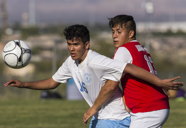 Canyon Springs senior forward Juan Covarrubias-Conchas (15) fights for possession with Arbor ...