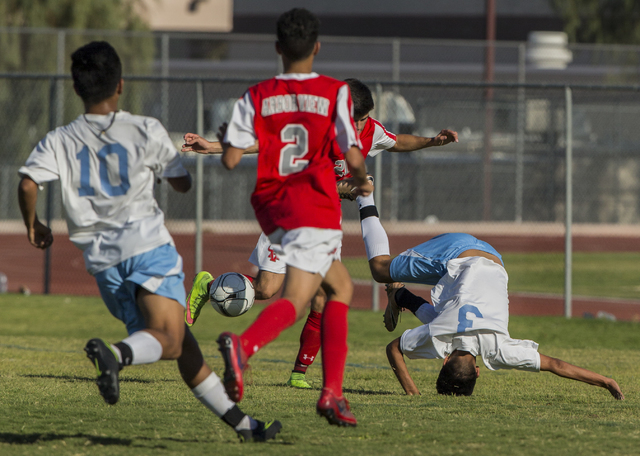 Canyon Springs junior midfielder Chris Lopez (3) gets up-ended making a run at the goal on T ...