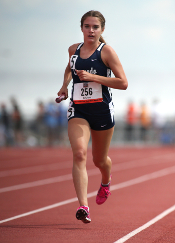 Coronado’s Sara Dort runs the final leg of the Division I girls 3,200-meter relay at t ...