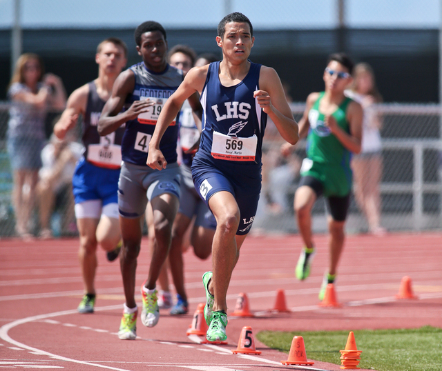 Liberty’s Martin Ponce wins the Division I boys 1,600-meter run with a time of 4 minut ...