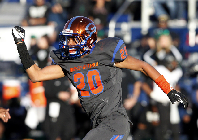 Jabari Butler of Bishop Gorman celebrates after recovering a fumble against Palo Verde on Sa ...