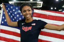 United States’ Vashti Cunningham hold the U.S. flag after she won the women’s hi ...