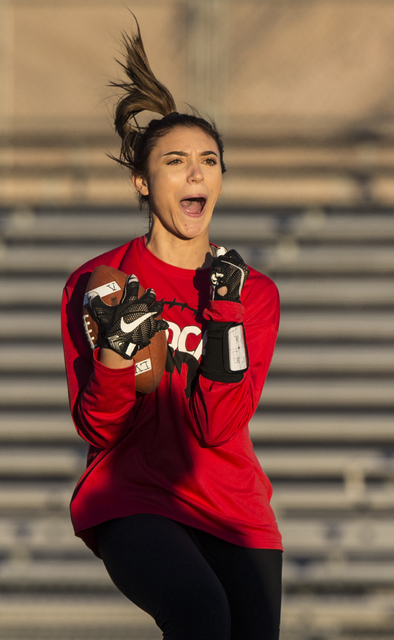 Wildcat wide receiver Natalie Gennuso celebrates after making a catch during flag football p ...