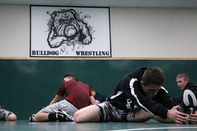 Virgin Valley wrestler Jacob Baird, front, at practice, Virgin Valley High School, Mesquite, ...
