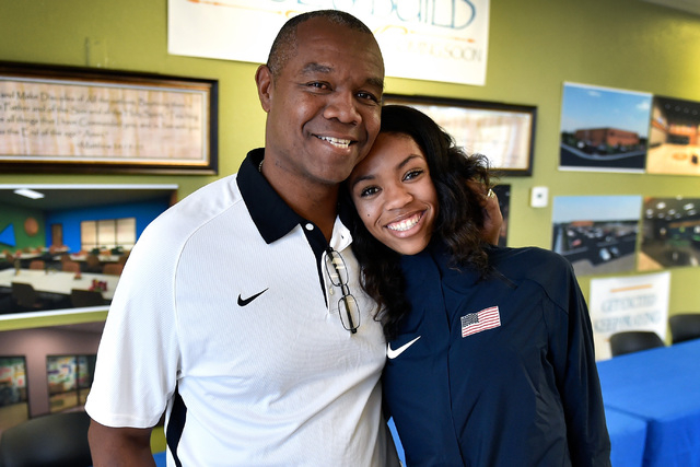 Bishop Gorman high jumper Vashti Cunningham of Las Vegas, right, poses with her father, form ...