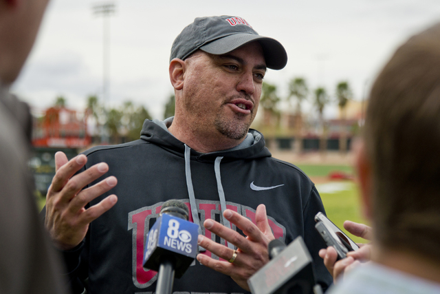 UNLV football head coach Tony Sanchez is interviewed by media after the first day of spring ...