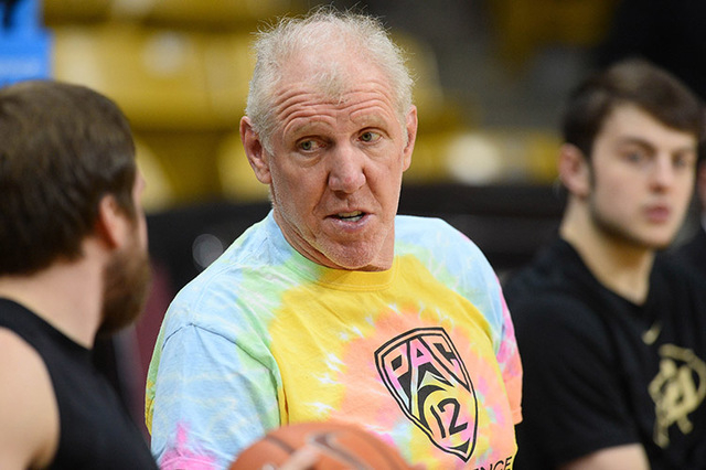 Retired basketball player and current Pac 12 Networks analyst Bill Walton interviews a playe ...