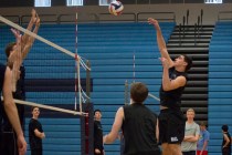 Tyler Jacob (15) hits the ball during volleyball practice at Foothill High School in Henders ...
