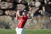 Arbor View High School’s Van Thomas, watches where his ball goes after teeing off duri ...