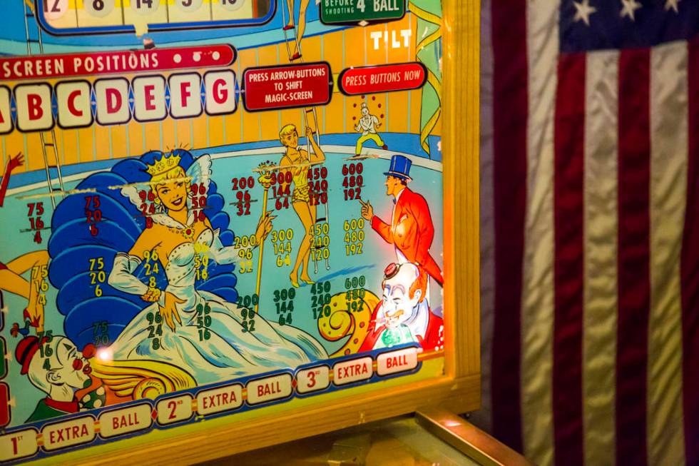 A detailed view of the "Circus Queen" bingo pinball machine made by Bally's at the ho ...