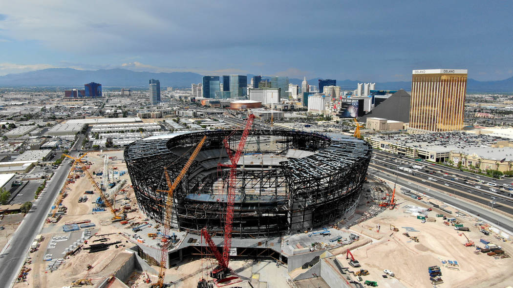Aerial view of the Las Vegas Raiders stadium under construction as seen on Thursday, July 25, 2 ...