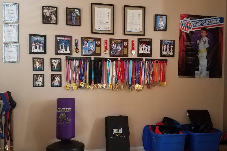 A practice room for Maximus Bell is filled with trophies and plaques. (Ken Bell)