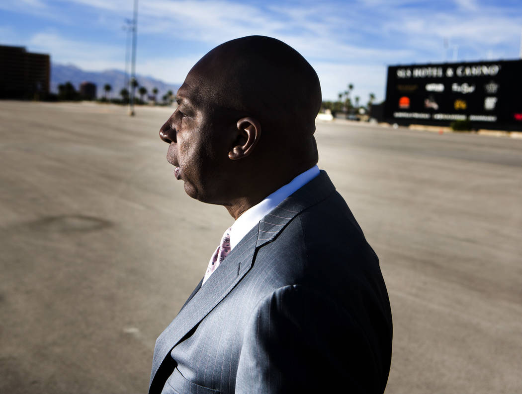 Developer Jackie Robinson stands at the old Wet 'n' Wild site on Tuesday, Oct. 21 2014. (Jeff S ...