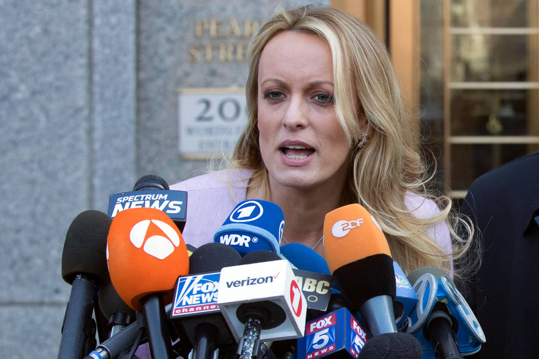 In an April 16, 2018, file photo, adult film actress Stormy Daniels speaks outside federal cour ...