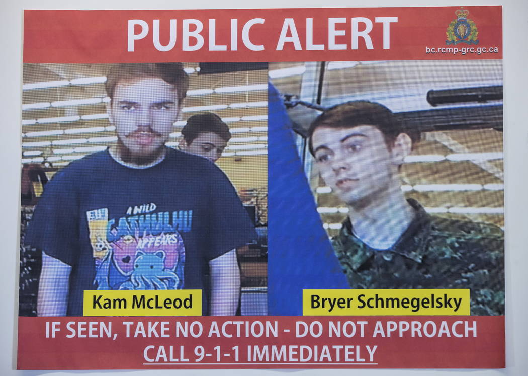 Security camera images of Kam McLeod, 19, and Bryer Schmegelsky, 18, are displayed during a new ...