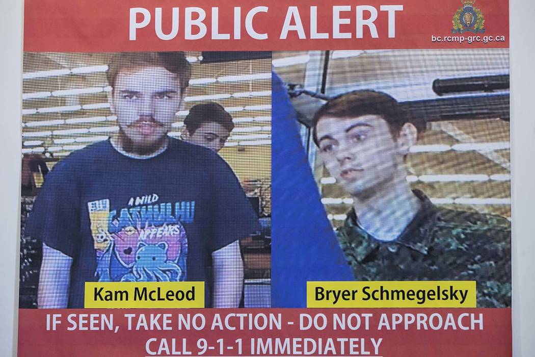 Security camera images of Kam McLeod, 19, and Bryer Schmegelsky, 18, are displayed during a new ...