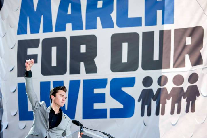 In this March 24, 2018, file photo, David Hogg, a survivor of the mass shooting at Marjory Ston ...