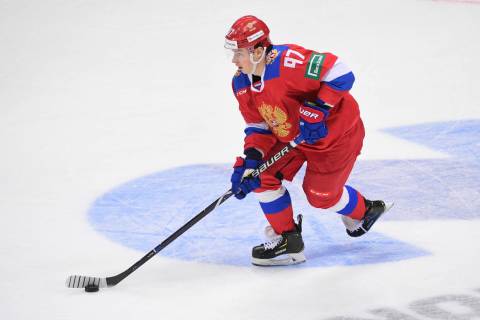 Russia's Nikita Gusev controls a puck during the Channel One Cup ice hockey match between Russi ...