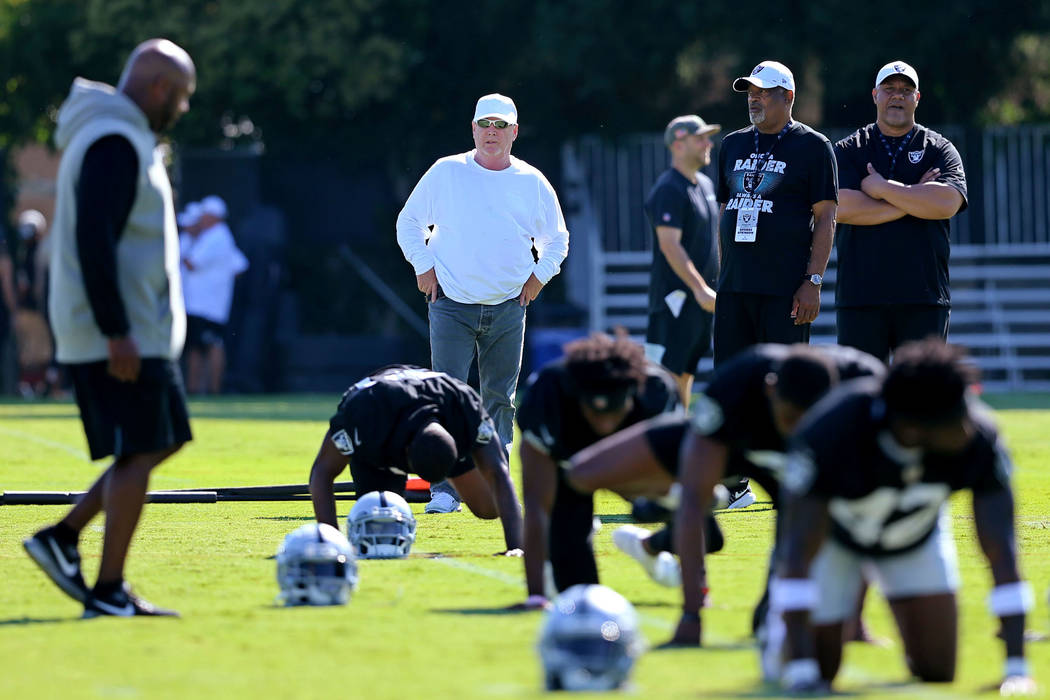 Oakland Raiders owner Mark Davis, white shirt, watches the team stretch during the NFL team's t ...