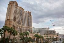 Cars pass by Palazzo on the Strip on Thursday, May 9, 2019, in Las Vegas. (Benjamin Hager/Las V ...
