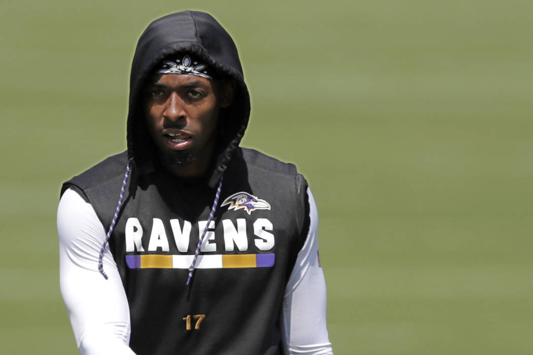 Baltimore Ravens wide receiver Jordan Lasley walks at the end of a work out during NFL football ...