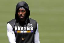 Baltimore Ravens wide receiver Jordan Lasley walks at the end of a work out during NFL football ...