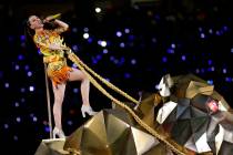FILE - In this Sunday, Feb. 1, 2015 file photo, singer Katy Perry performs during halftime of N ...
