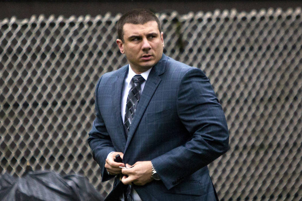 In this May 13, 2019, file photo, New York City Police Officer Daniel Pantaleo leaves his house ...