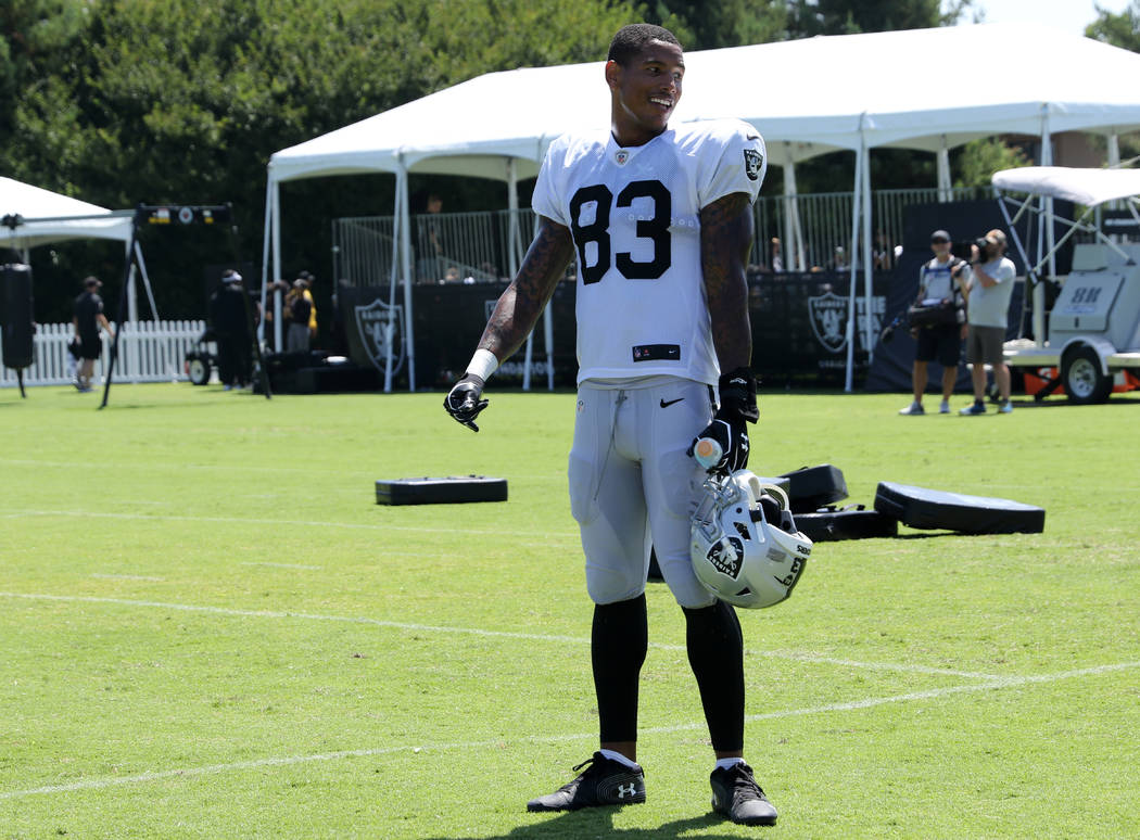 Oakland Raiders tight end Darren Waller (83) watches a media session during the NFL team's trai ...