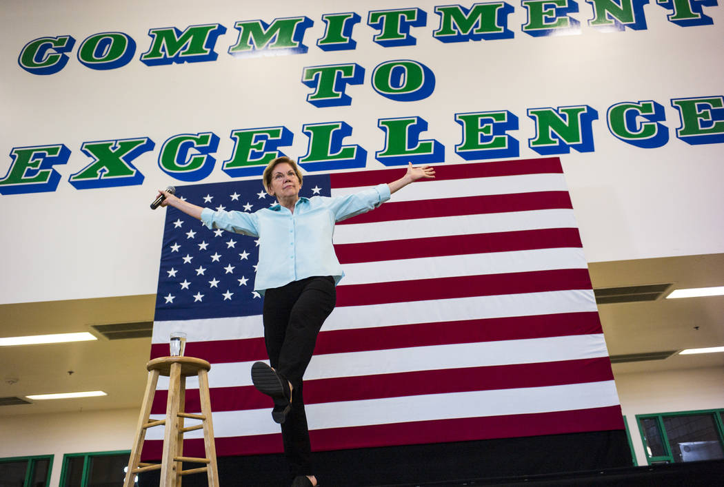 Democratic presidential candidate Sen. Elizabeth Warren, D-Mass., speaks during a campaign even ...
