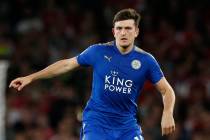 Leicester City's Harry Maguire looks to pass the ball during their English Premier League socce ...