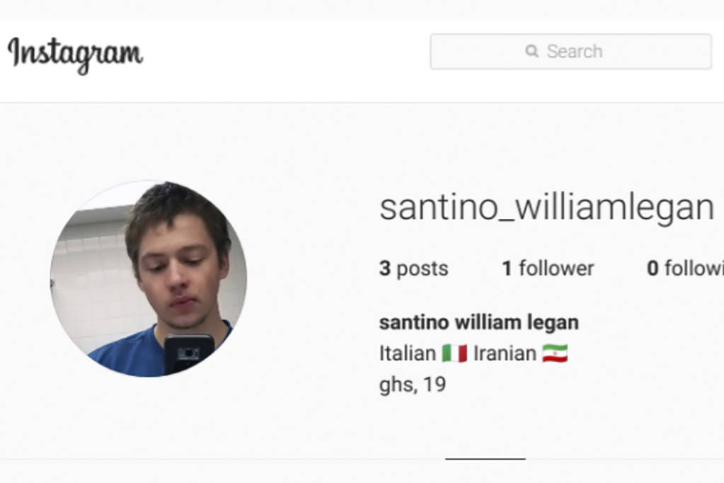 This screenshot of Santino William Legan's Instagram account shows a selfie of Legan, who opene ...