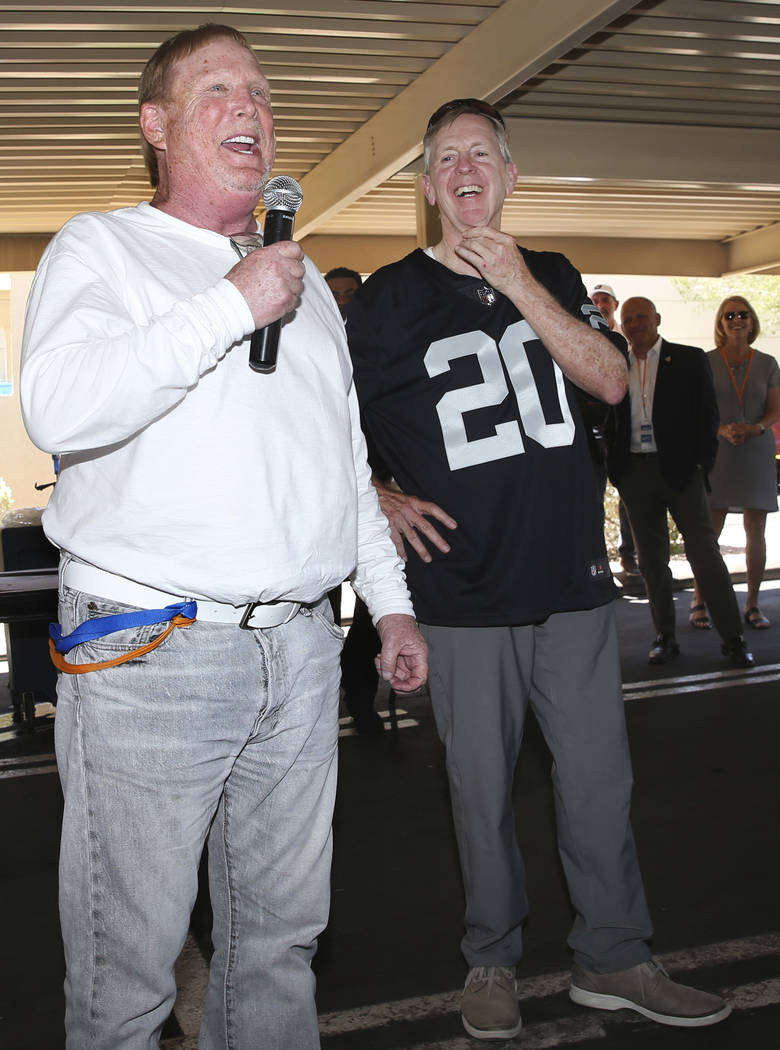 Raiders Owner Mark Davis, left, with Allegiant Chairman and CEO Maury Gallagher, speaks during ...