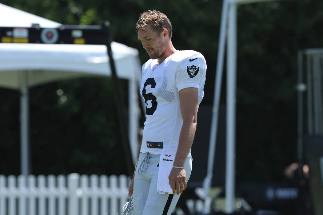 Oakland Raiders punter A.J. Cole (6) walks to the locker room after practice during the NFL tea ...