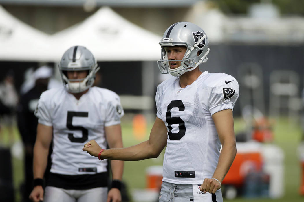 Oakland Raiders punters Johnny Townsend (5) and A.J. Cole (6) warm up during NFL football train ...
