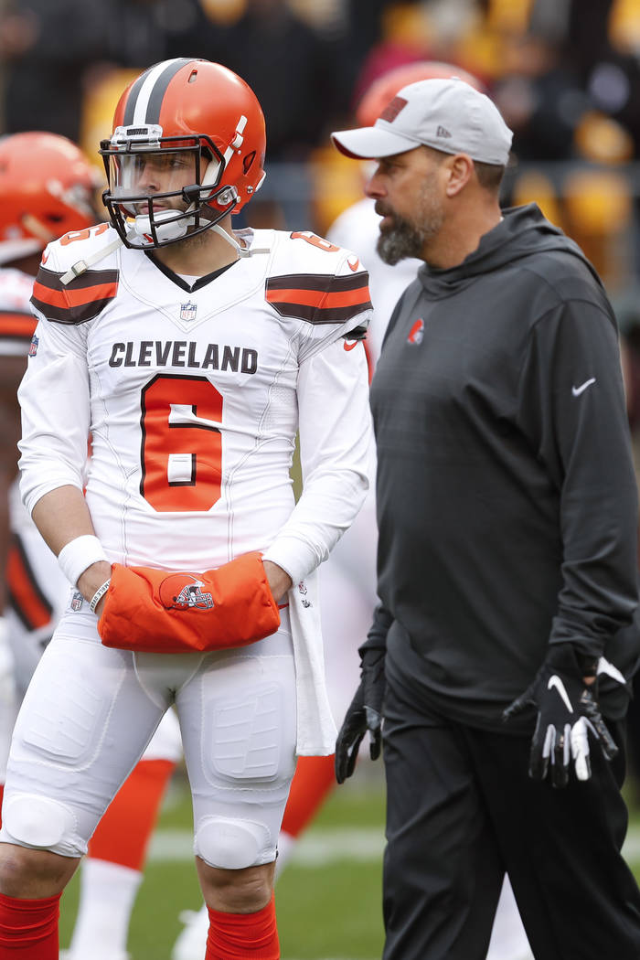 Cleveland Browns quarterback Baker Mayfield (6) stands with offensive coordinator Todd Haley wa ...