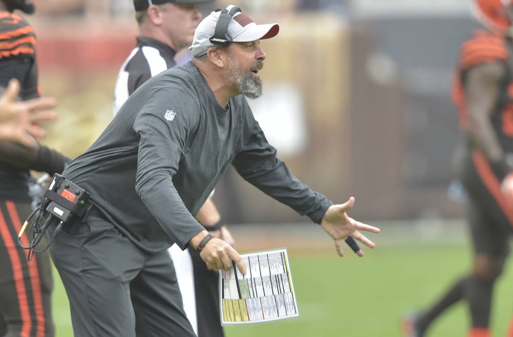 Cleveland Browns offensive coordinator Todd Haley reacts on the field during an NFL football ga ...