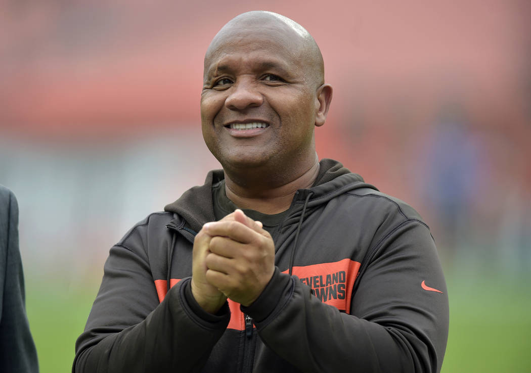 FILE - In this Sunday, Oct. 7, 2018 file photo, Cleveland Browns head coach Hue Jackson watches ...
