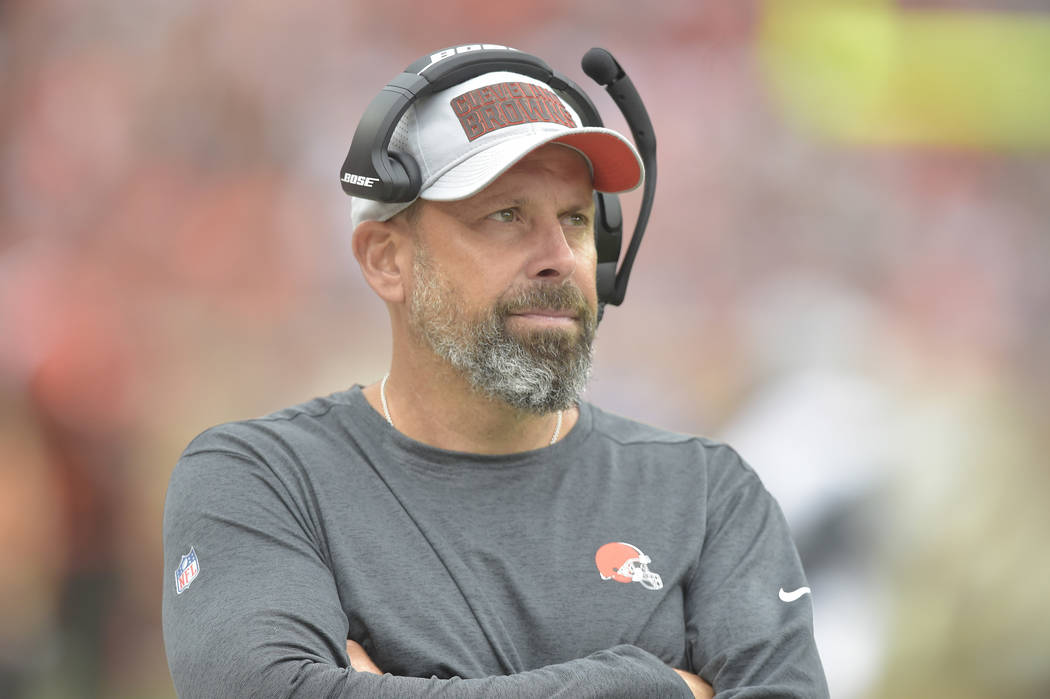 Cleveland Browns offensive coordinator Todd Haley stands on the field during an NFL football ga ...