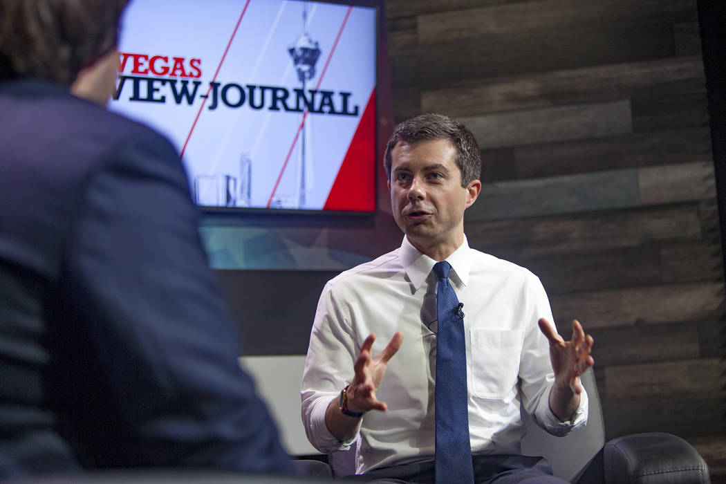 Democratic presidential candidate Pete Buttigieg speaks with the Review-Journal's political rep ...