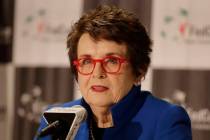 Tennis great Billie Jean King speaks to the media before the first-round Fed Cup tennis matches ...