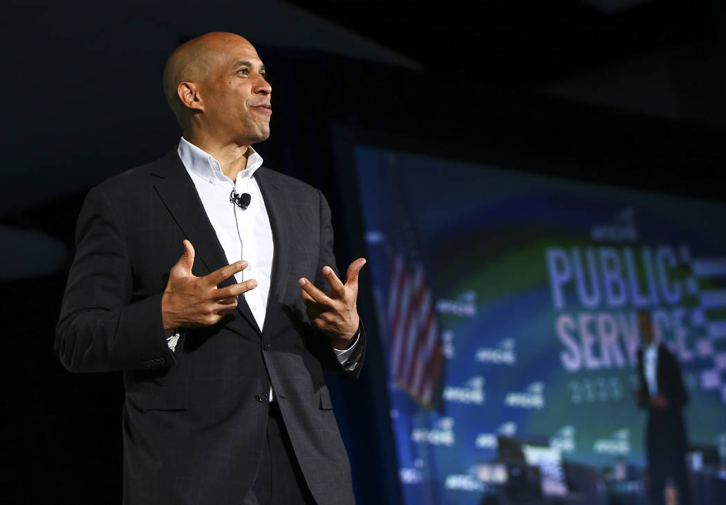 Sen. Cory Booker, D-N.J., speaks during a public forum for Democratic presidential candidates h ...