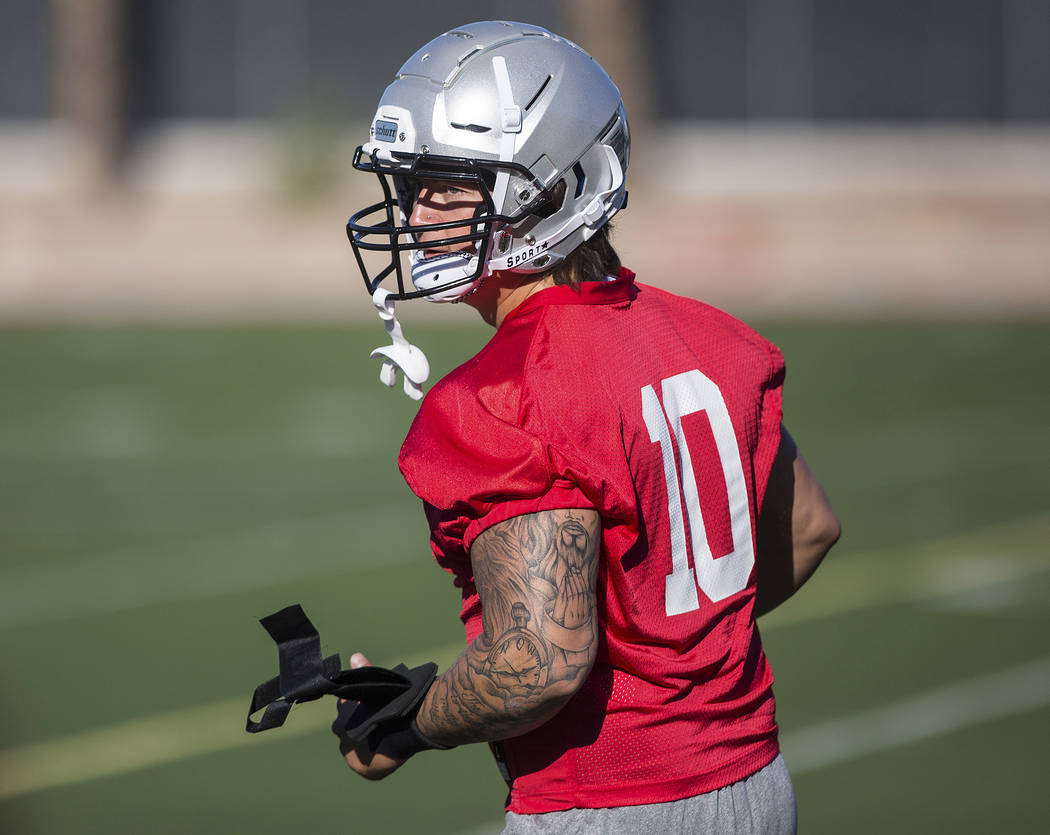 UNLV linebacker Vic Viramontes (10) works through drills during the first day of training camp ...