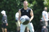 Oakland Raiders wide receiver Hunter Renfrow works out after team practice during the NFL team' ...