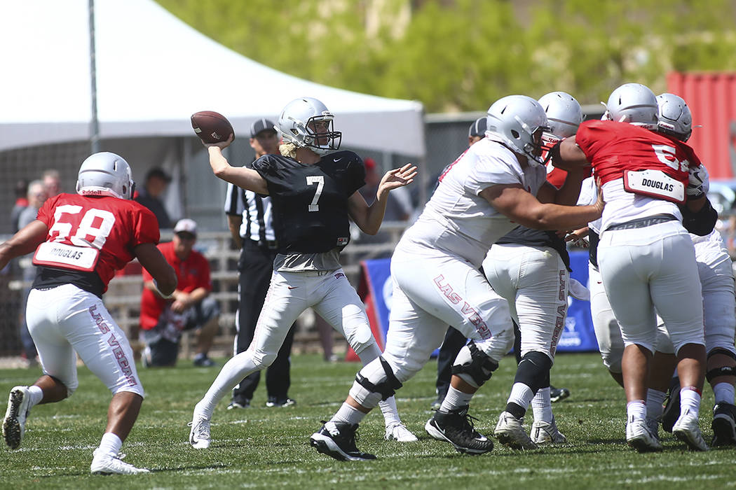 UNLV Rebels quarterback Kenyon Oblad (7) throws a pass during the spring football game at Peter ...