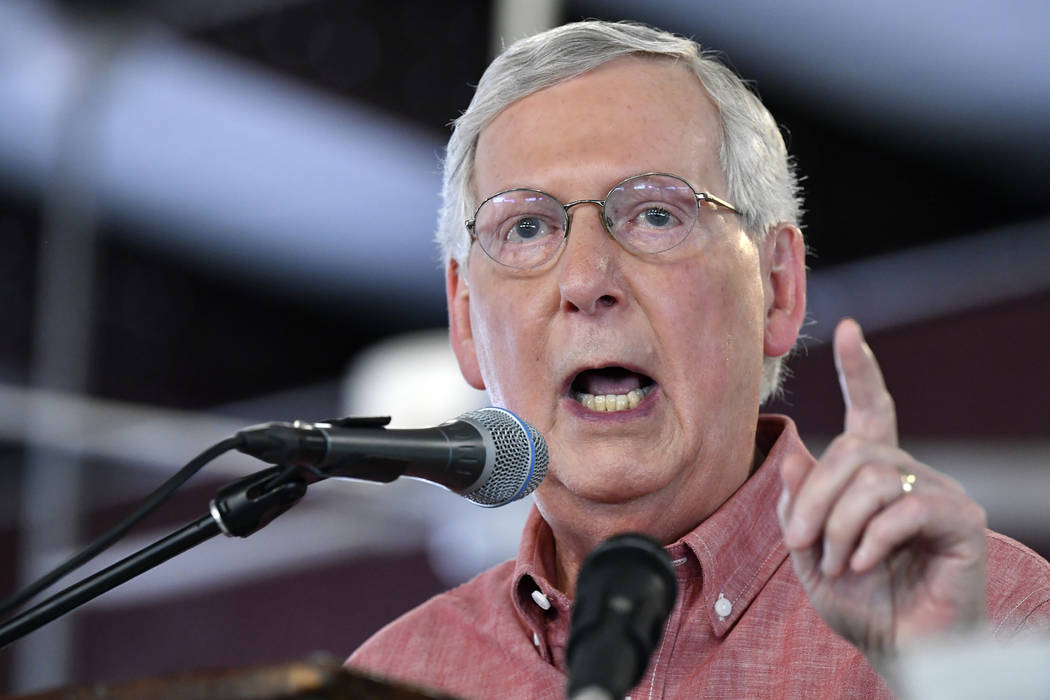 In this Saturday, Aug. 3, 2019 photo, Senate Majority Leader Mitch McConnell, R-Ky., addresses ...