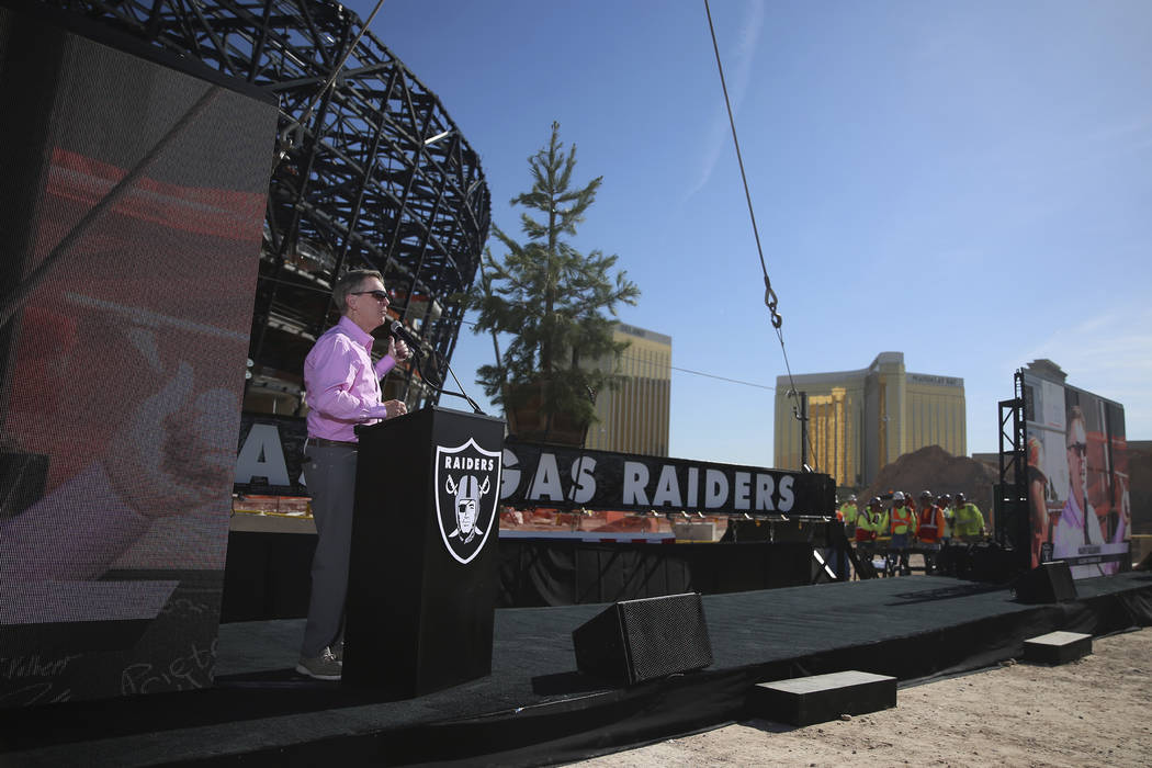 Allegiant Chairman and CEO Maury Gallagher speaks during the Las Vegas Stadium Topping Out Cere ...
