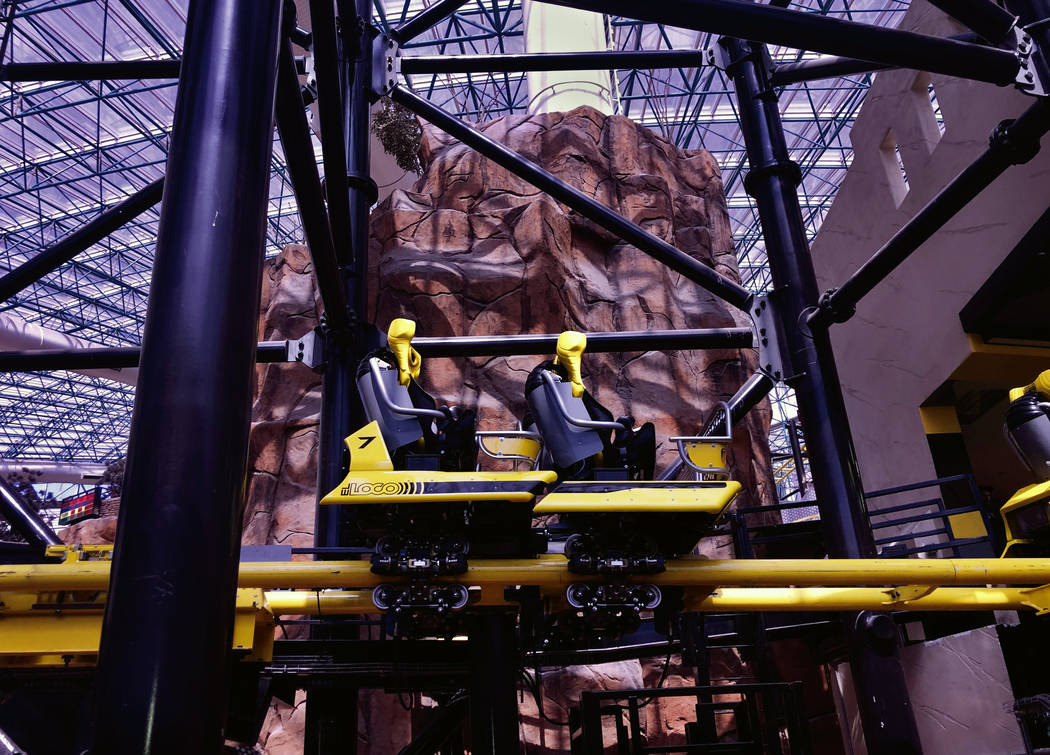 An empty car on The El Loco rollercoaster within the Circus Circus Adventuredome nears the fini ...